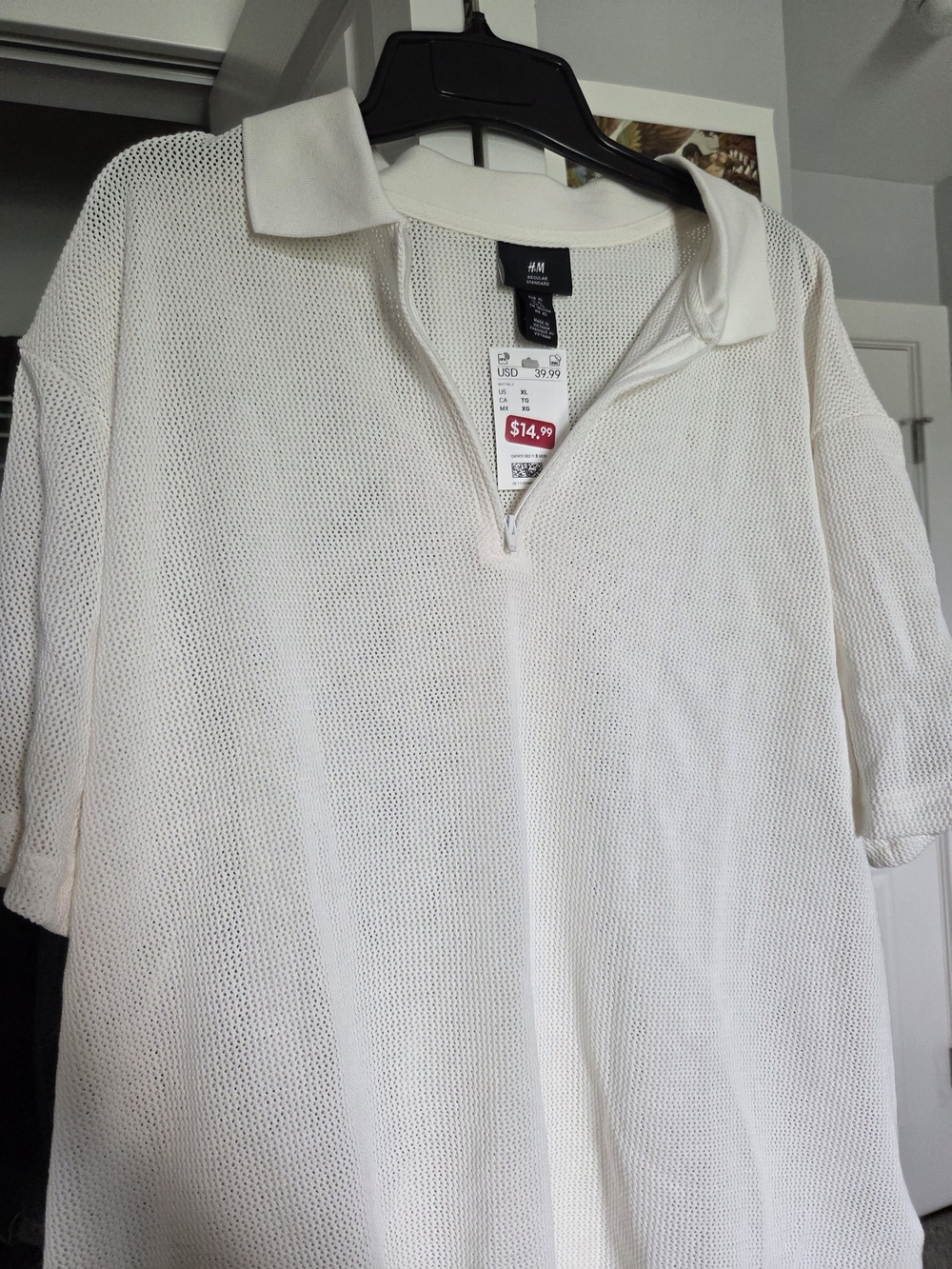 H&M Men's White Short-Sleeve Polo Zip Knit Shirt